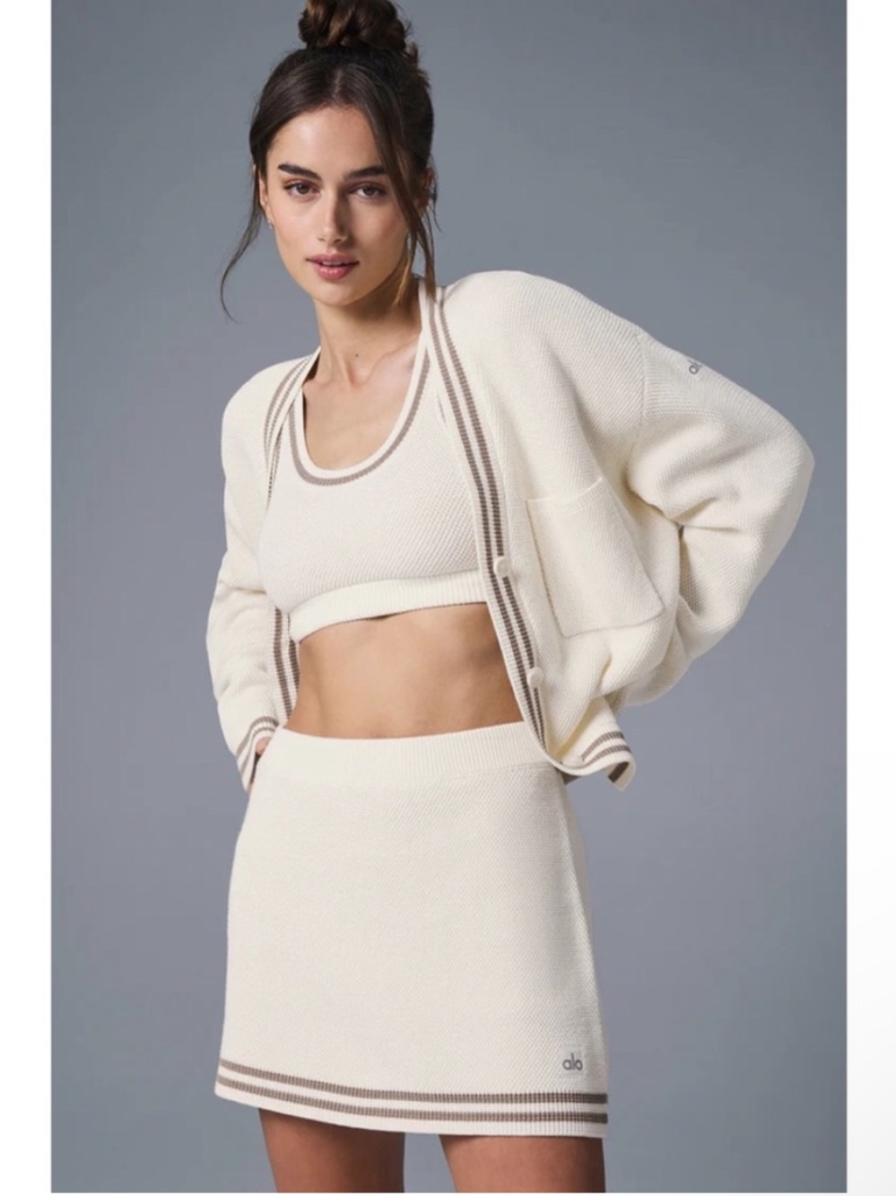 ALO Yoga Tennis Club Sweater Knit Cardigan Ivory Gravel Medium